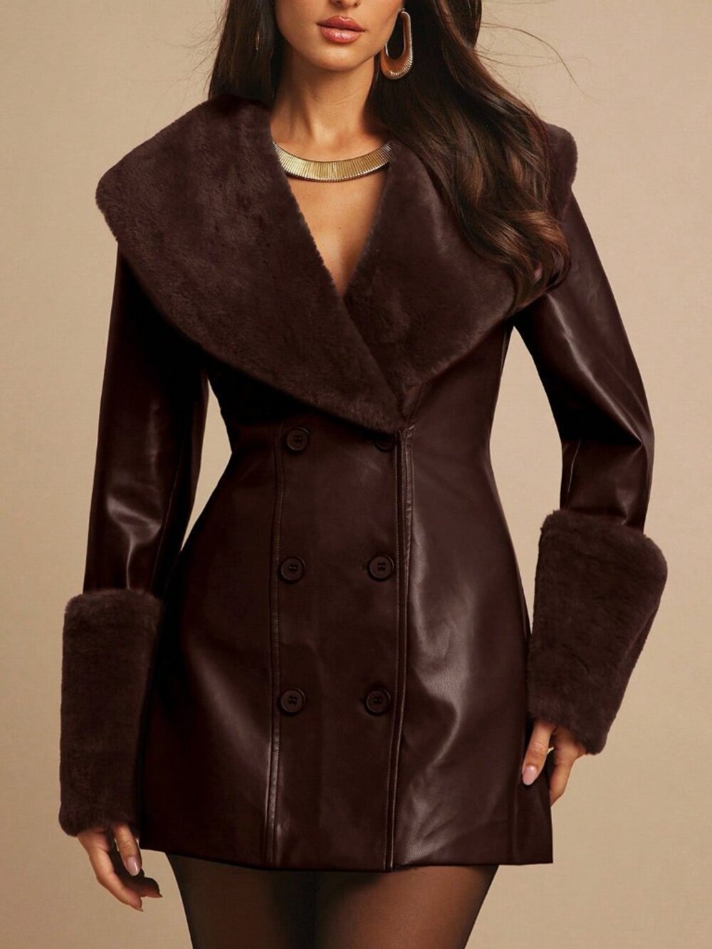 Coffee Brown Elegant Women's Faux Fur Collar Slim Jacket - Picture 6 of 8